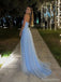 Gorgeous Spaghetti Strap Sleeveless A-line Tulle Long Prom Dresses With Slit For Party, PG410