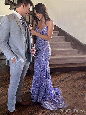 Sparkly V-neck Sleeveless Mermaid Sequin Long Prom Dresses With Trailing For Party, PG418