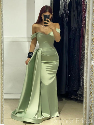 Simple Off-shoulder Sleeveless Mermaid Satin Long Prom Dresses For Party, PG560