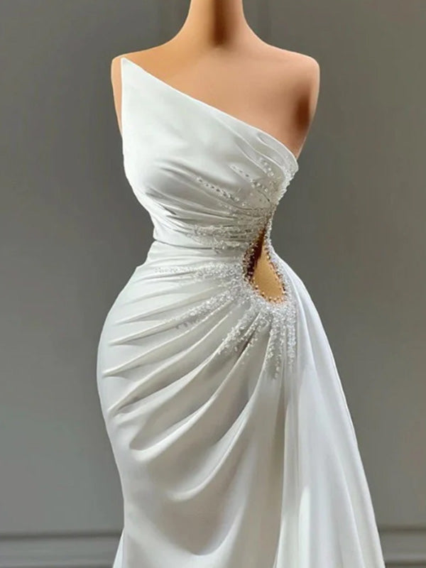 Sexy One-shoulder Sleeveless Mermaid White Wedding Dresses With Trailing, PGW05