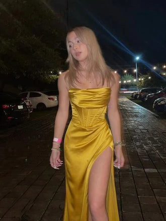 Sexy Spaghetti Strap Sleeveless Mermaid Satin Long Prom Dresses With Slit For Party, PG317