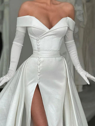 Elegant V-neck Off-Shoulder Full Sleeve Mermaid White Long Prom Dresses With Front Split, PG15