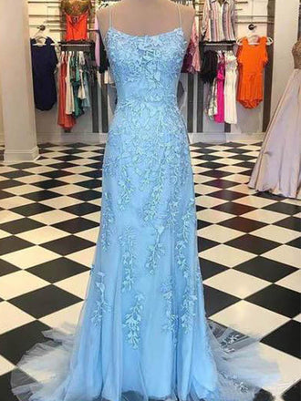 Unique Spaghetti Strap Sleeveless Mermaid Lace Long Prom Dresses With Trailing For Party, PG371