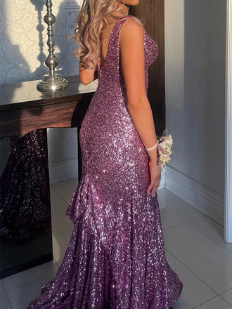 Elegant V-neck Sleeveless Mermaid Sequin Long Prom Dresses For Party, PG779