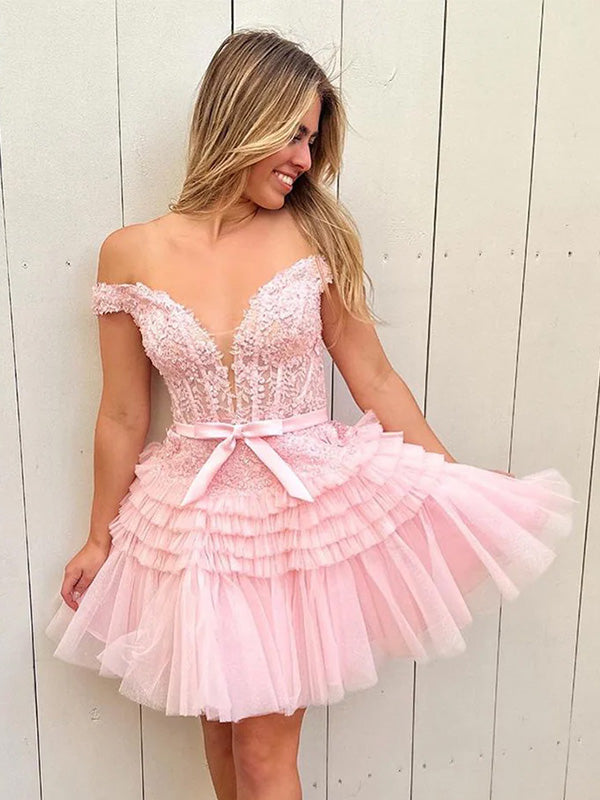 Elegant Off-shoulder Sleeveless Short Tulle A-line Pink Homecoming Dresses For Party, PGH191