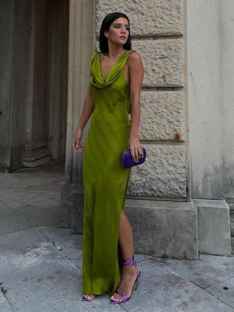 Simple Spaghetti Strap Sleeveless Mermaid Satin Long Prom Dresses For Party, PG541