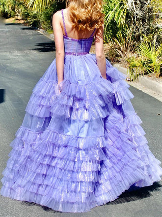 Elegant Spaghetti Strap Sleeveless A-line Tulle Long Prom Dresses For Party, PG525