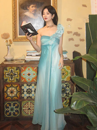 Soft One-shoulder Sleeveless Mermaid Satin Long Prom Dresses For Party, PG1014