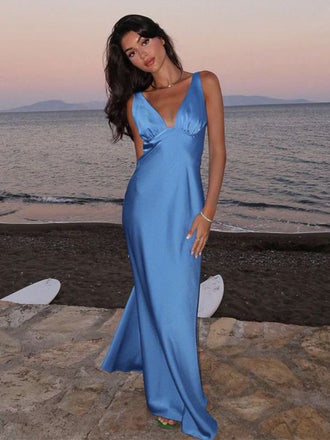 Soft V-neck Sleeveless Mermaid Satin Long Prom Dresses For Party, PG902