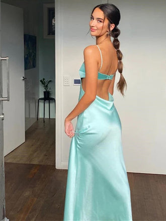 Sexy Spaghetti Strap Sleeveless Mermaid Satin Long Prom Dresses For Party, PG801