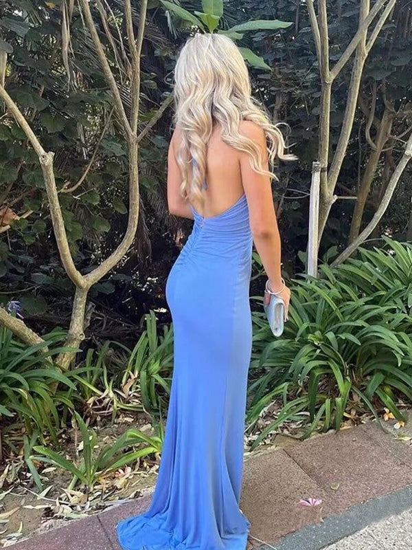 Sexy V-neck Sleeveless Mermaid With Side Split Long Prom Dresses, PG55