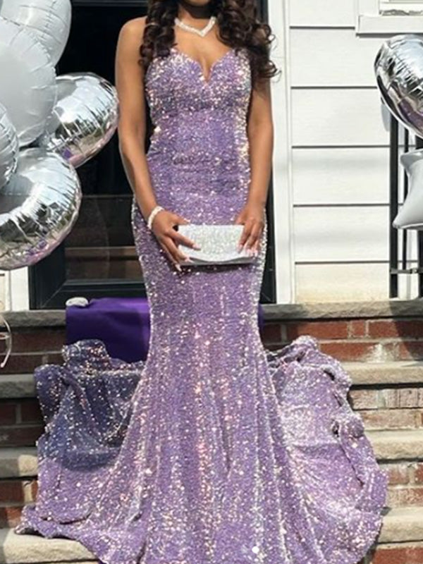 Elegant Sweetheart Sleeveless Mermaid Sequin Purple Long Prom Dresses For Party, PG529