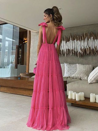 Formal V-neck Sleeveless A-line Satin Long Prom Dresses For Party, PG689