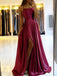 Formal Spaghetti Strap Sleeveless A-line Satin Long Prom Dresses With Slit For Party, PG375