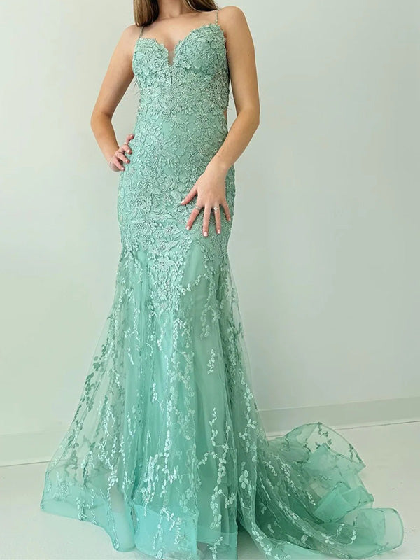 Gorgeous Spaghetti Strap Sleeveless Tulle Mermaid Lace Long Prom Dresses With Trailing For Party, PG240