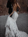 Elegant V-neck Sleeveless Mermaid White Lace Long Wedding Dresses With Trailing, PGW23