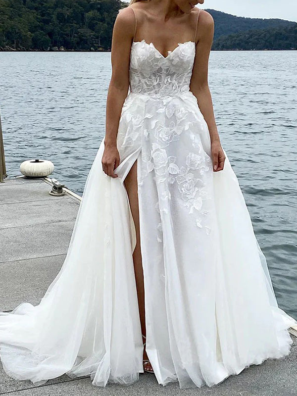 Formal Spaghetti Strap Sleeveless A-line White Long Lace Wedding Dresses With Trailing, PGW19