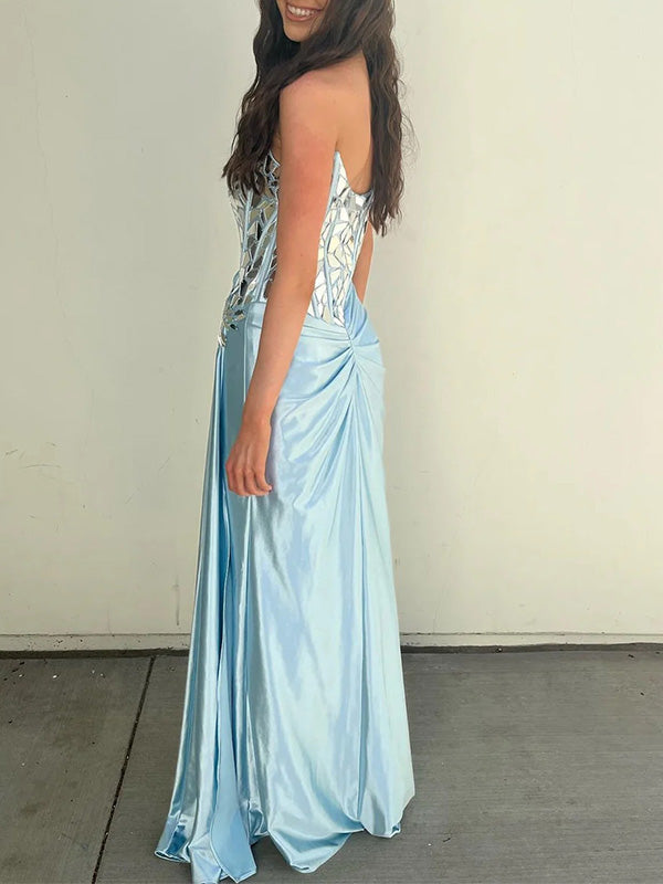 Sexy Off-shoulder Sleeveless Mermaid Satin Long Prom Dresses For Party, PG262