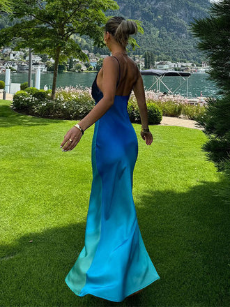 Sexy Spaghetti Strap Sleeveless Mermaid Satin Long Prom Dresses For Party, PG1006
