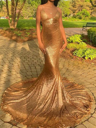Unique Spaghetti Strap Sleeveless Mermaid Sequin Gold Long Prom Dresses For Party, PG549