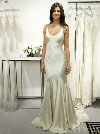 Sexy V-neck Sleeveless Mermaid Satin Long Prom Dresses For Party, PG709