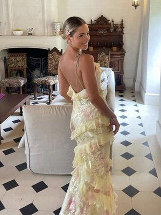 Unique Spaghetti Strap Sleeveless Mermaid Satin Long Prom Dresses For Party, PG733