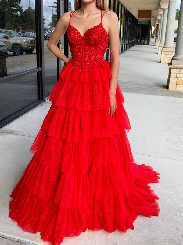 Formal Spaghetti Strap Sleeveless Red Tulle A-line Long Prom Dresses With Trailing For Party, PG247