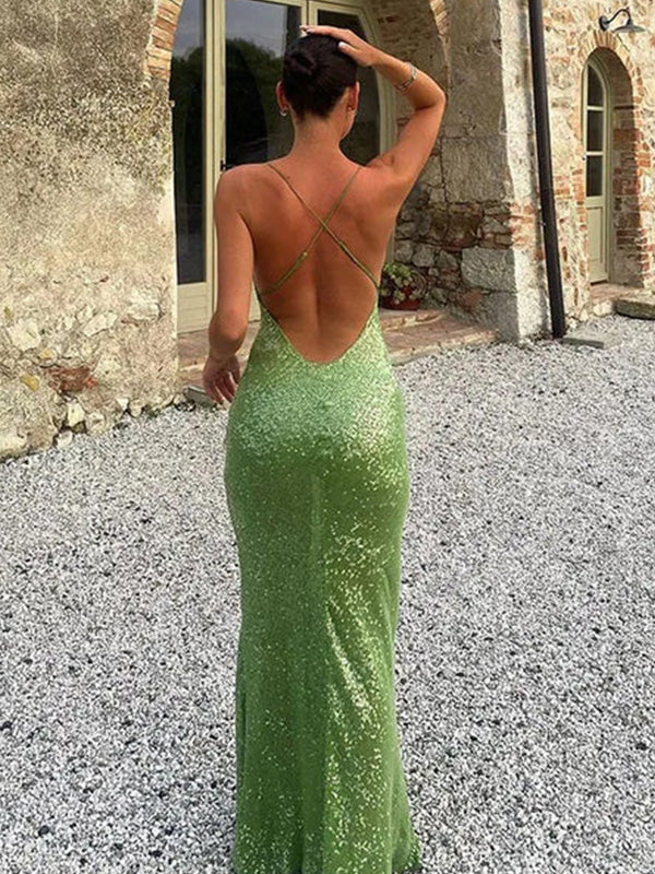 Shiny Spaghetti Strap Sleeveless Mermaid Sequin Long Prom Dresses For Party, PG972