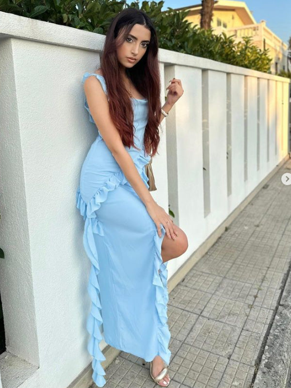 Sexy Spaghetti Strap Sleeveless Mermaid Satin Long Prom Dresses For Party, PG593