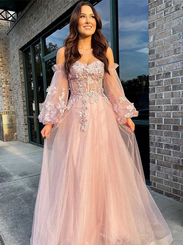 Unique Off-shoulder Full Sleeve A-line Tulle Long Prom Dresses For Party, PG275