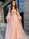 Unique Off-shoulder Full Sleeve A-line Tulle Long Prom Dresses For Party, PG275