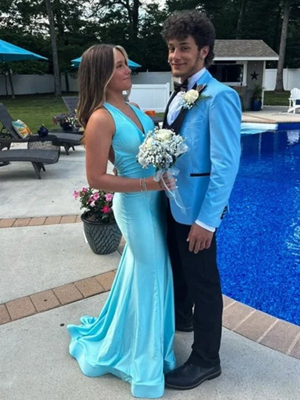 Sexy V-neck Mermaid Sleeveless Prom Dresses With Trailing For Party, PG143