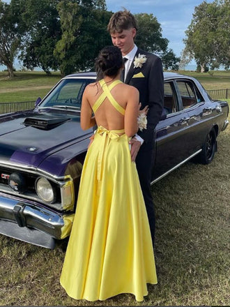 Soft V-neck Sleeveless A-line Satin Long Prom Dresses For Party, PG561