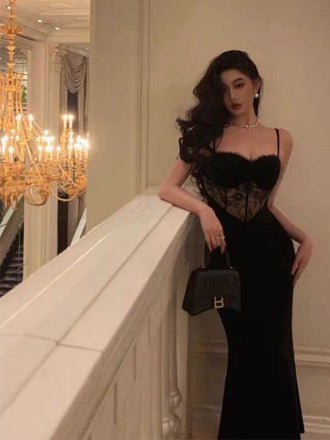 Sexy Spaghetti Strap Sleeveless Mermaid Satin Black Long Prom Dresses For Party, PG399