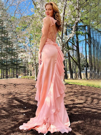 Sexy Spaghetti Strap Sleeveless Mermaid Satin Long Prom Dresses With Trailing For Party, PG231
