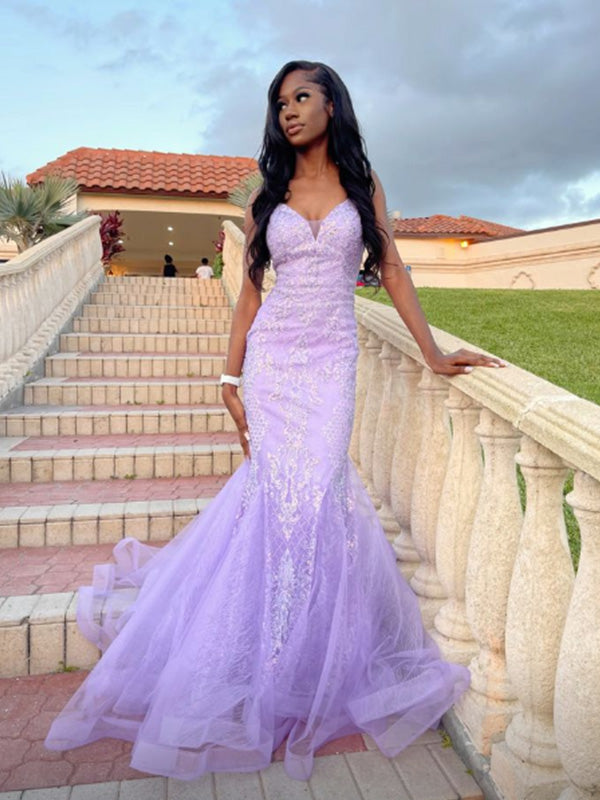 Sexy Spaghetti Strap V-neck Sleeveless Mermaid Lace Long Prom Dresses For Party, PG475