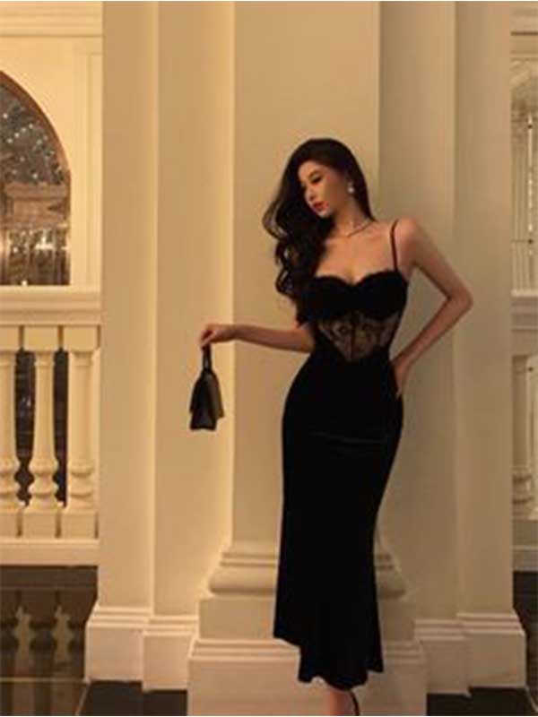 Sexy Spaghetti Strap Sleeveless Mermaid Satin Black Long Prom Dresses For Party, PG399