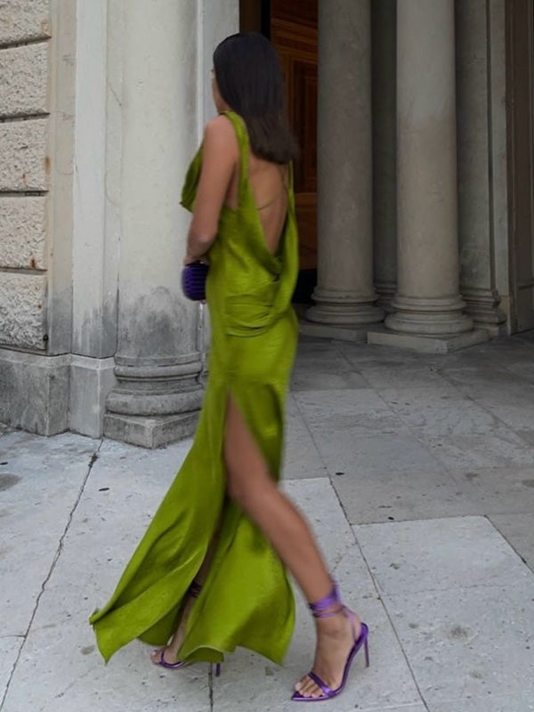 Simple Spaghetti Strap Sleeveless Mermaid Satin Long Prom Dresses For Party, PG541