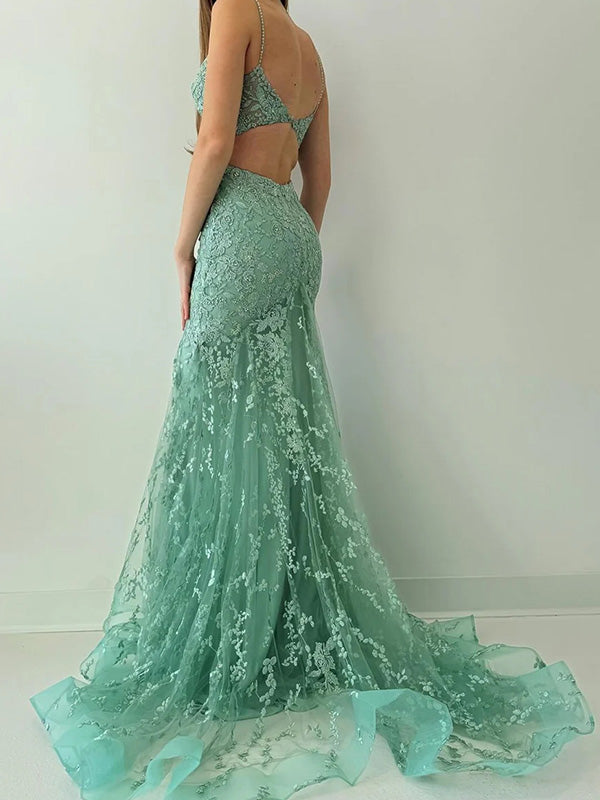 Gorgeous Spaghetti Strap Sleeveless Tulle Mermaid Lace Long Prom Dresses With Trailing For Party, PG240