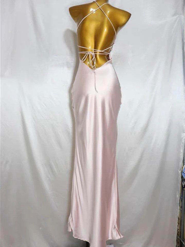 Soft Spaghetti Strap Sleeveless Mermaid Satin Long Prom Dresses For Party, PG395