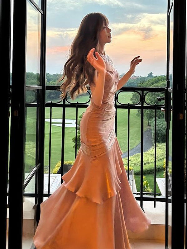 Soft Spaghetti Strap Sleeveless Mermaid Satin Long Prom Dresses For Party, PG589