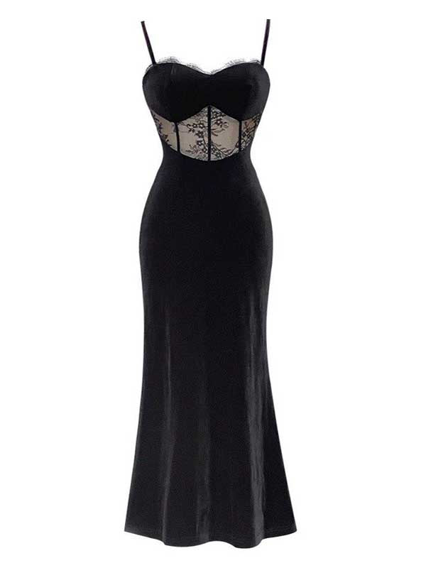 Sexy Spaghetti Strap Sleeveless Mermaid Satin Black Long Prom Dresses For Party, PG399