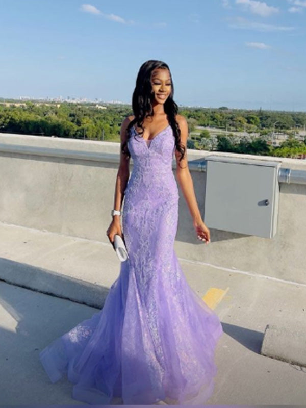 Sexy Spaghetti Strap V-neck Sleeveless Mermaid Lace Long Prom Dresses For Party, PG475