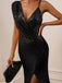 Sexy V-neck  Sleeveless Mermaid Black Long Prom Dresses with Front Split,PG20