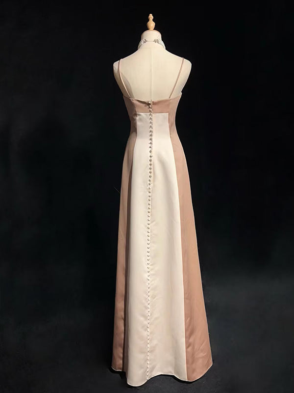 Unique Spaghetti Strap Sleeveless A-line Satin Long Prom Dresses For Party, PG295