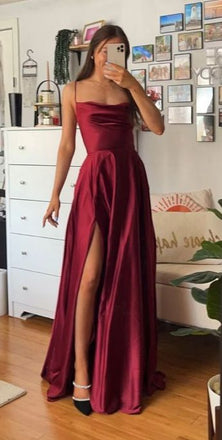 Soft Spaghetti Strap Sleeveless A-line Satin Long Prom Dresses For Party, PG927