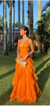 Sexy V-neck Sleeveless Mermaid Satin Long Prom Dresses For Party, PG760