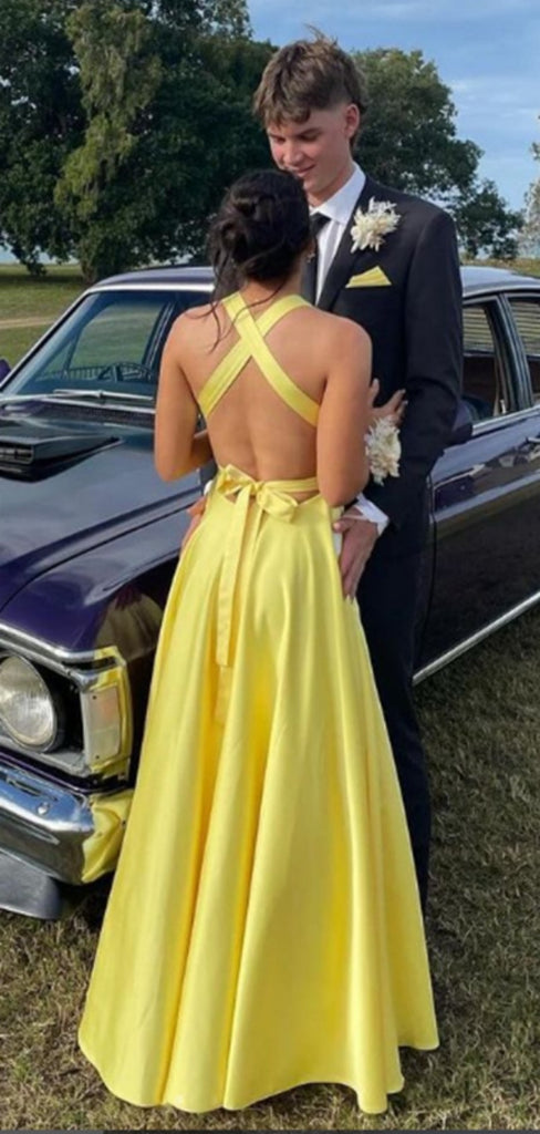Soft V-neck Sleeveless A-line Satin Long Prom Dresses For Party, PG561