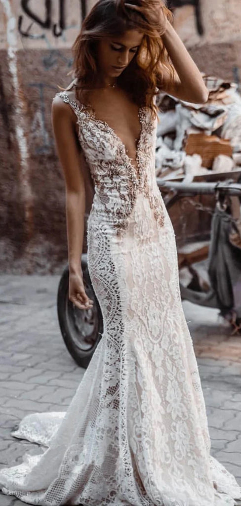 Elegant V-neck Sleeveless Mermaid White Lace Long Wedding Dresses With Trailing, PGW23