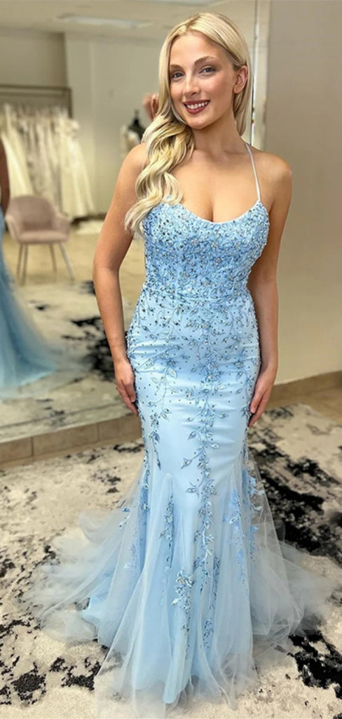 Elegant Spaghetti Strap Sleeveless Mermaid Lace Long Prom Dresses For Party, PG251